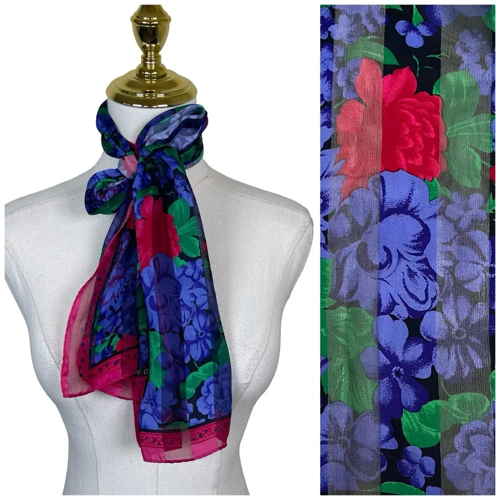 Vintage Elaine Gold Silk Scarf Floral Womens Blue Pink Green Sheer Striped Retro